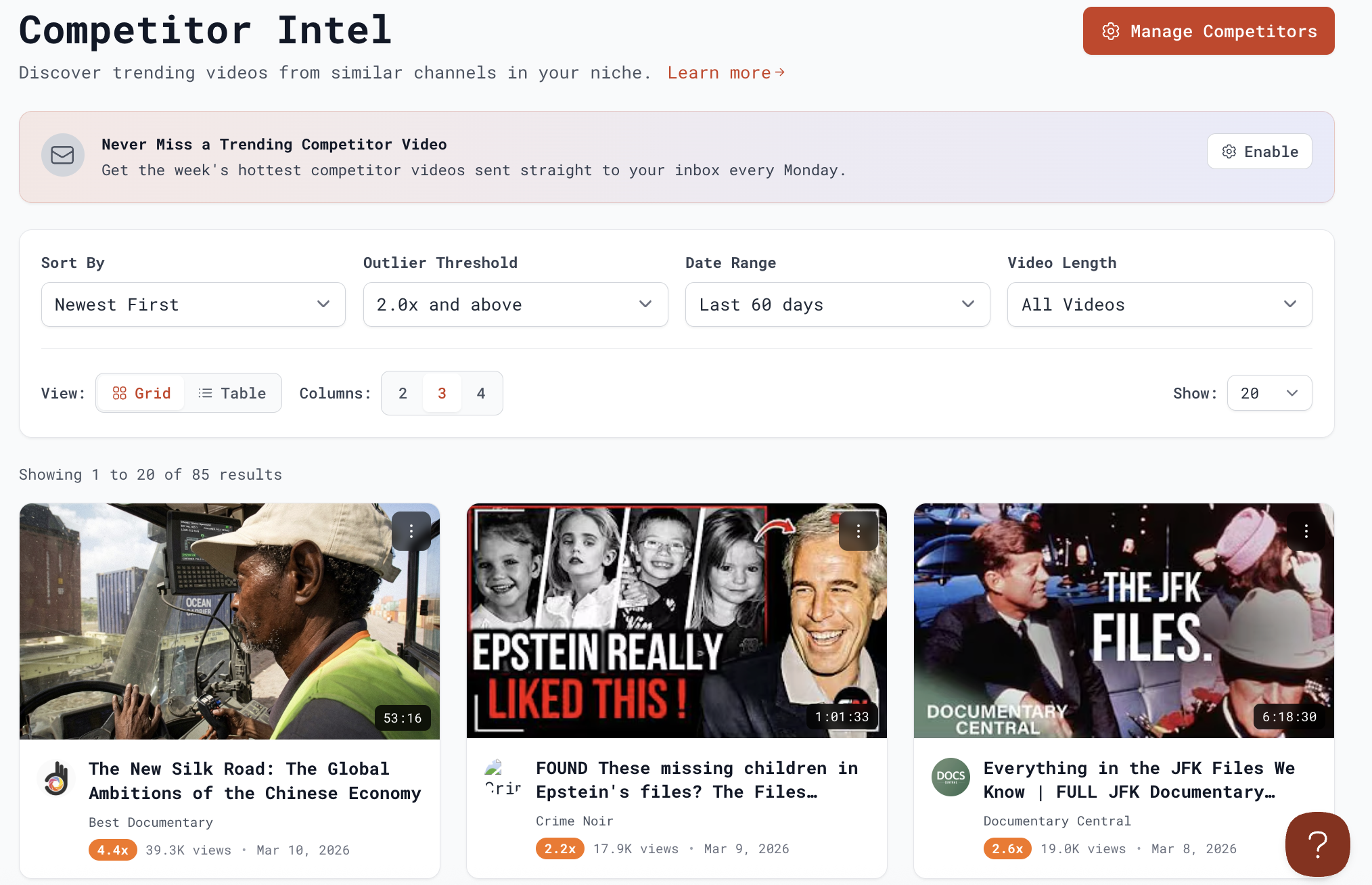 Subscribr YouTube Intelligence screen